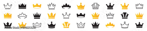Crown icon set. Royal crown symbol collection. Line crown icons. King and queen crowns. Luxury monarchy signs. Awards and achievement symbols – stock vector