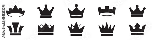 Crown solid icon set. Royal crown silhouette symbols collection. King and queen crowns. Monarchy, leadership and power signs. Minimal black filled icons – stock vector