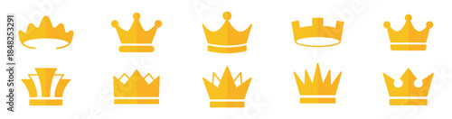 Crown flat icon set. Golden royal crown symbols collection. King and queen crowns. Luxury monarchy and leadership signs. Minimal yellow flat icons – stock vector