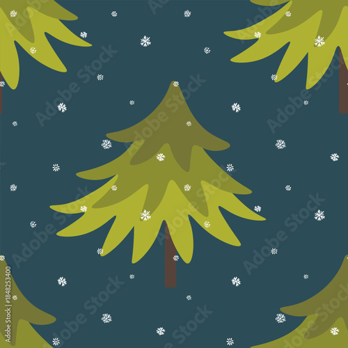 Winter seamless pattern with Christmas tree and snowflakes on color background. Vector illustration for fabric, textile wallpaper, posters, gift wrapping paper. Merry Christmas and New year Vector.