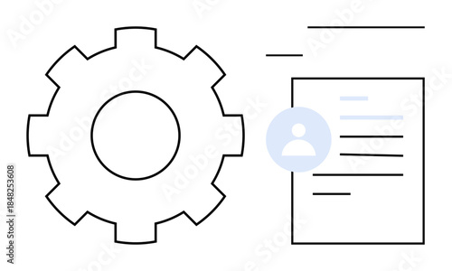 Business processes, team workflows, task automation, data management, user profiles, content organization. Simplified gear, profile icon and document. Workflow and task automation concepts