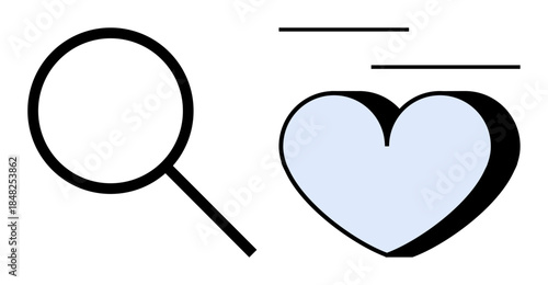Exploration, relationships, emotions, search, love connections, discovery. Minimalist design of a magnifying glass and heart graphic. Exploration and relationships with modern icons