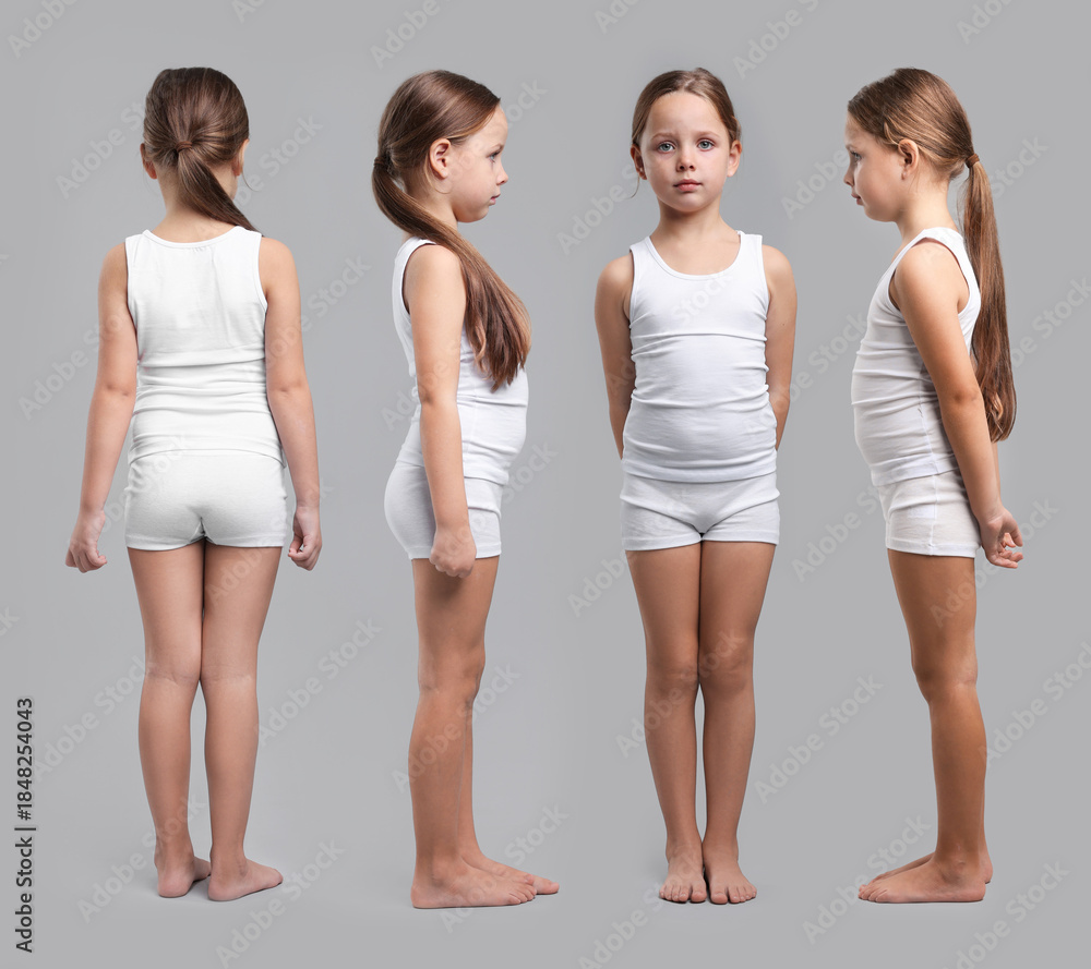 Fototapeta premium Little girl in underwear on grey background. Set of portraits, view from different sides