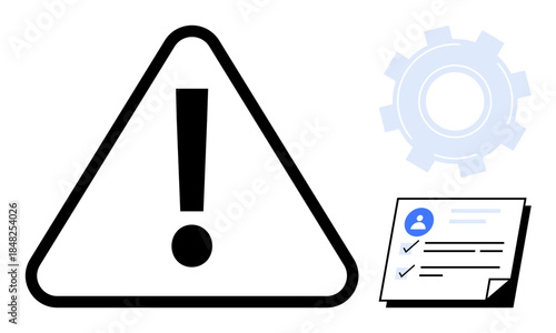 Black exclamation mark in a triangular warning sign, gear icon, and checklist for awareness, risk management, task prioritization, compliance, safety, problem-solving, simple flat metaphor