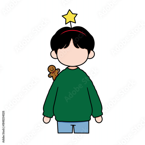 Chibi art illustration of a Korean K-pop idol. A male K-pop idol finished performing while celebrating Christmas, wearing a star headband and green sweater.