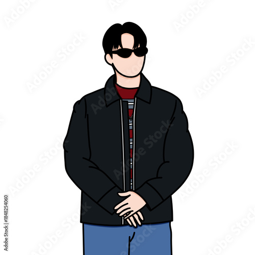 Vector illustration Korean K-pop idol. A handsome male K-pop idol is holding a fan meeting event while wearing sunglasses and a leather jacket.