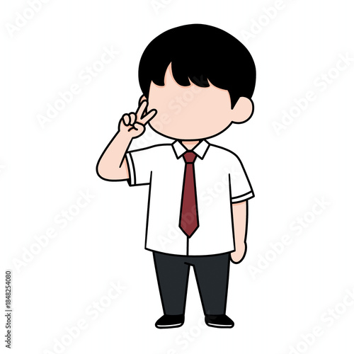 A chibi art illustration of a teenage school posing with two fingers while wearing a school uniform. This painting was inspired by a scene from a popular Korean drama.