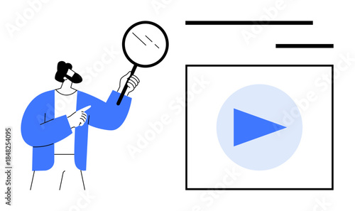 Digital research, video content, media navigation, content analysis, online search, streaming platforms. A person holds a magnifying glass near a media screen with a play button. Digital research