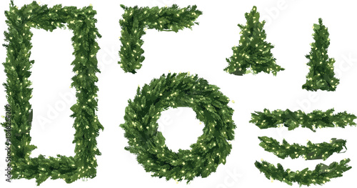 Collection of Christmas decorations including a wreath, garland, and tree accents adorned with warm lights on a white background