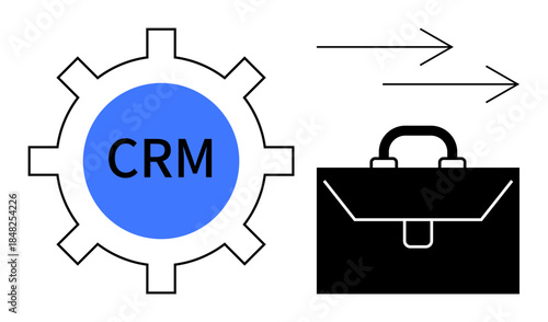 Customer relationship management, workflow efficiency, business solutions, CRM systems, teamwork, corporate strategy. Gear with CRM text and briefcase with workflow arrows. CRM systems and workflow