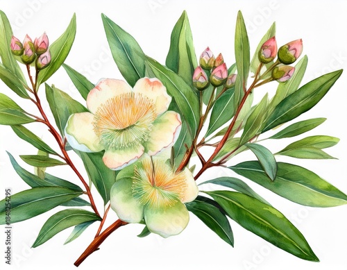 hand painted watercolor tea tree leaves and blooms botanical art of melaleuca alternifolia isolated on white background for aromatherapy and skincare products