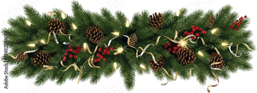 Festive Christmas Garland Decorated with Pinecones, Red Berries, and Twinkling Lights