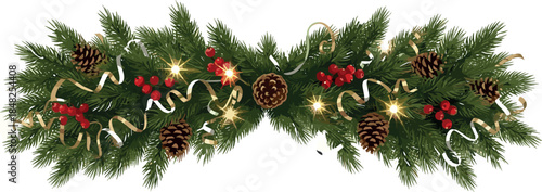 Festive Christmas garland with lush evergreen branches, natural pinecones, vibrant red berries, sparkling golden and silver ribbons, and warm twinkling lights, ideal for holiday season decoration