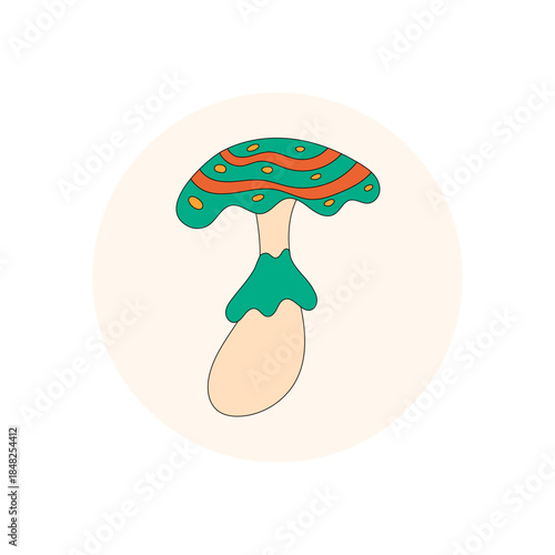 Retro groovy flat mushroom shape as a colorful sticker label. Y2k shroom in a circle, perfect as seal for package, box or lid. Vibrant pop accent with fun flat visual for product or creative