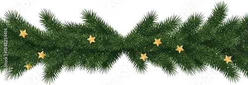 Festive Christmas garland with green pine branches adorned with golden stars for seasonal decorations