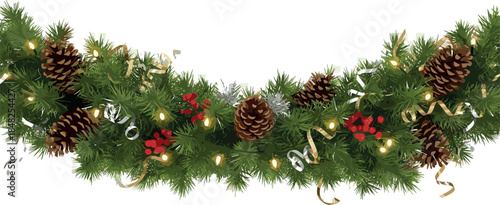Festive Christmas garland adorned with pine cones, sparkling lights, and decorative ribbons, perfect for holiday celebrations