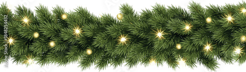 Festive Green Fir Garland Illuminated with Warm Yellow Bokeh Lights, Perfect for Holiday Decorations and Celebrations