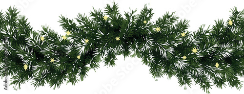 Festive green pine garland adorned with glowing yellow Christmas lights, perfect for holiday decorating and winter celebrations