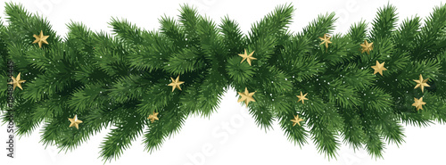 festive fir garland adorned with shimmering golden stars, a perfect decorative element for holiday celebrations and seasonal greetings