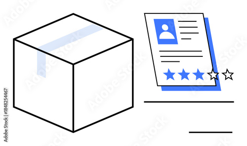 Delivery box beside a review card featuring profile details and five-star rating. Ideal for e-commerce, feedback, quality assessment, customer relationship, logistics, product evaluation