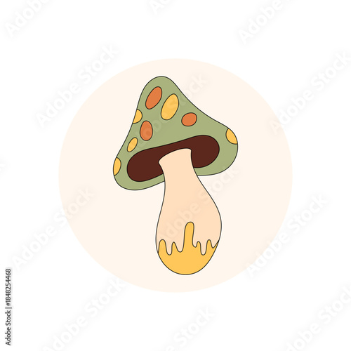 Groovy psychedelic shroom sticker in retro flat style. Colorful magic mushroom circle label as a y2k trippy package lid badge. Modern sticker for product or package use.