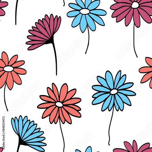 Seamless blooming floral pattern based on hand drawn art ornaments. Colorful flowers on color background. Vector illustration. Simple minimalistic pattern for fabric, textile.