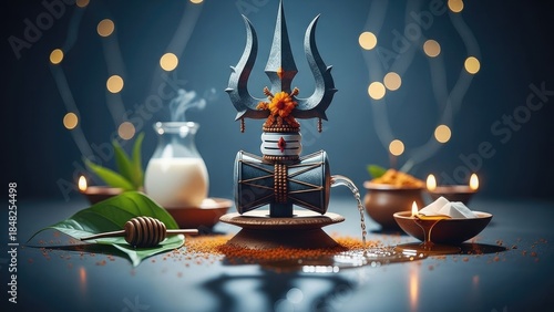 Indian culture honors divine Lord Shiva during the sacred Maha Shivratri festival. Devotion expressed through pure ritual offerings, seeking spiritual peace and enlightenment.