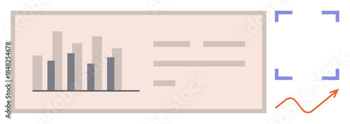 Bar graph with rising data trends, text placeholders, dashed focus box, and upward arrow. Ideal for analytics, strategy, marketing, growth business insights metrics. Simple flat metaphor