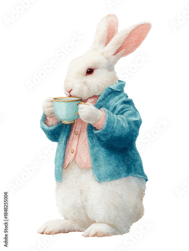 Adorable white rabbit wearing a blue jacket and pink shirt, drinking tea from a cup, vintage watercolor animal illustration
