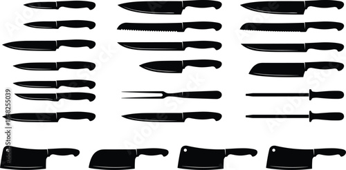 Kitchen knives vector set, black chef cutting tools collection, isolated butcher meat cleaver and cutlery icons on white background design.