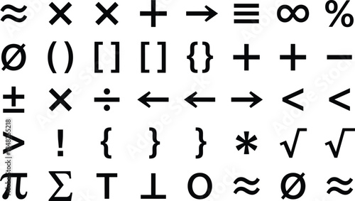 Mathematical symbols vector set, black arithmetic and algebra signs collection, isolated education icons including pi, infinity, roots on white background.