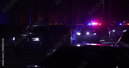 Illuminated night view of police units on a city street.