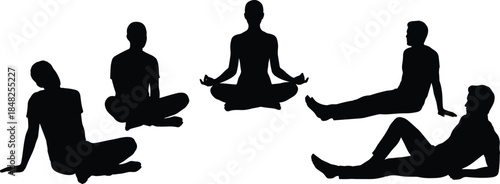 Men sitting silhouette vector set, male figures relaxing on floor, yoga meditation and resting poses collection, isolated black icons design.