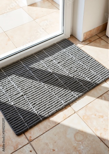 Gray striped doormat placed on tiled floor by the entrance  