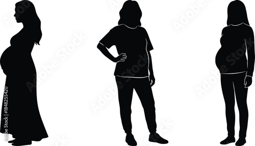 Pregnant woman silhouette vector set, maternity collection of expecting mothers standing, isolated black female figures on white background design.
