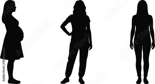 Pregnant woman silhouette and female standing figures set, isolated black vector collection, lady body shapes on white background design art.
