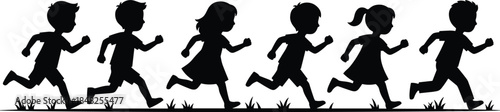 Running children silhouette vector, group of happy kids racing on grass, active boys and girls playing together, isolated design.