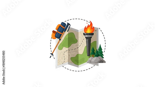 Wilderness Exploration Gear: Topographic Map with Torch, Trekking Pole, and Trees for Adventure