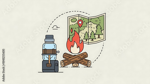 Campfire Essentials: Water Cooler, Roaring Fire, and Map Flat Design Illustration