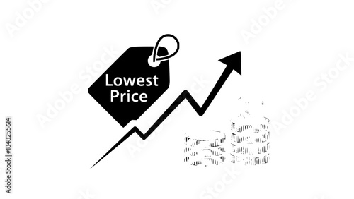 Lowest price tag showcases financial growth near coins on white or price label accompanies rising arrow next to coin stacks suggesting profit on white