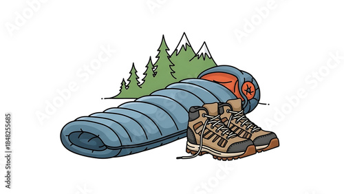 Essential Camping Gear: Sleeping Bag, Hiking Boots, Forest Mountains Vector Illustration