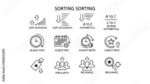 Sorting icons display categories filtering in minimal doodle style on white background or data options presentation with outlined symbols on clean backdrop