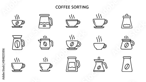 Various coffee containers steam in minimalist linear outline form or Assorted coffee mugs brew in simple monochrome line art style
