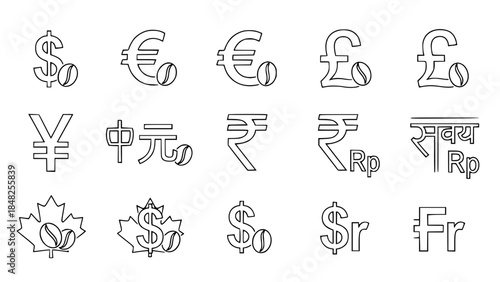 Various currency symbols display globally showing financial exchange or Different world money outlines feature global finance in monochrome