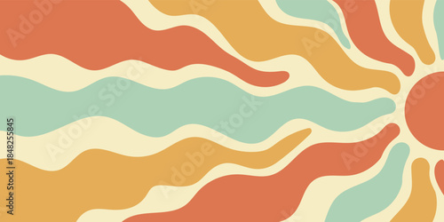 Groovy retro sun with orange and yellow burst ray in flat style. Sunshine wave as y2k abstract background, playful and bold, with bright energetic color in a horizontal format.