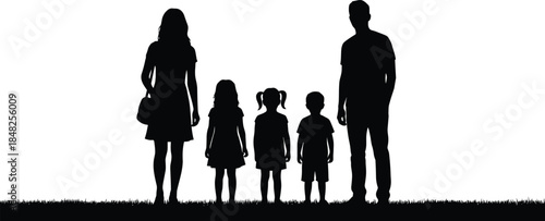 Silhouette of family with three children standing on grass, vector illustration of parents and kids together, white background, happy bonding.