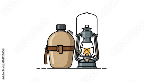 Vintage Camping Essentials: Classic Canteen and Traditional Oil Lamp Illustration for Outdoor Adventures.