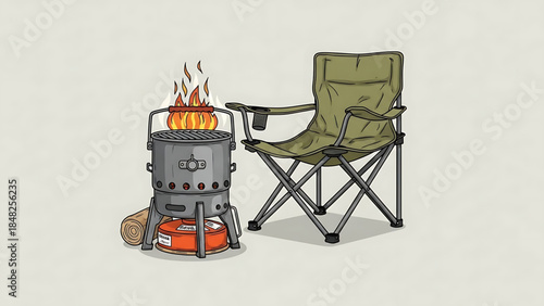 Classic Camping Barbecue Scene: Portable Grill with Open Flames and Green Folding Chair Artwork