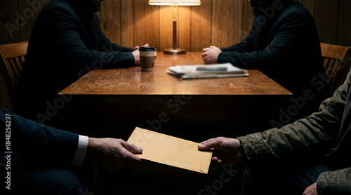 Under muted light, two men sit across a wooden table. Another man offers a sealed envelope, hinting at a clandestine transaction or exchange taking place.