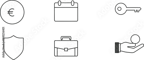 A set of six black line icons on a white background, depicting business and finance symbols in a simple graphic style.